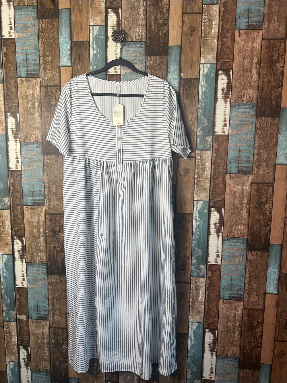 Striped Short-Sleeve Maxi Dress - Blue and White